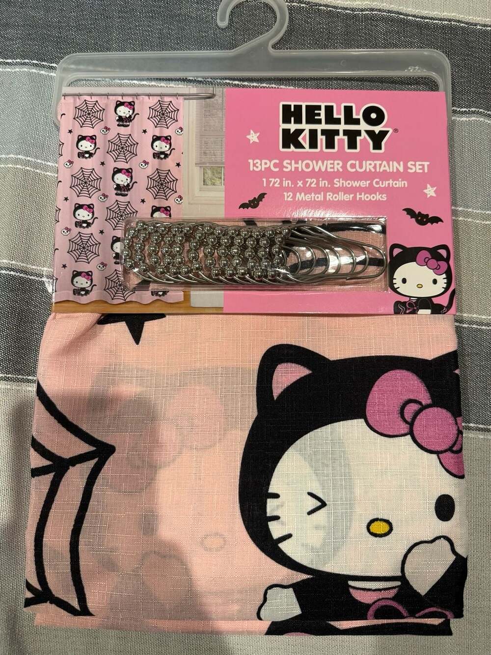 Hello Kitty Shower Curtain Set Size 72x72 Pink Spiders